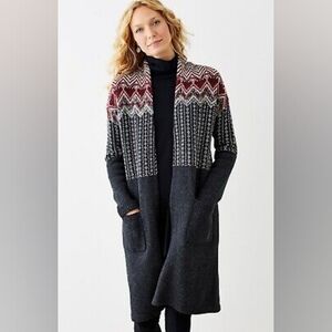 J Jill Newbury Topper Fair Isle Long Line Open Cardigan Wool Blend M